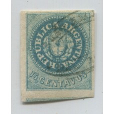 ARGENTINA 1862 GJ 09 ESCUDITO de 15 Cts. ESTAMPILLA CON MATASELLO ROSARIO SIN FRANCA DE AMPLIOS MARGENES, HERMOSO EJEMPLAR CON FIRMA DE KNEITSCHEL LUJO U$ 245 + 100 %